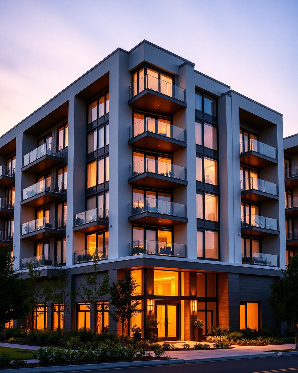 Modern luxury apartment building exterior at golden hour with warm lit balconies